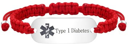 JunyiDIY Rotes Seil T1D Armband, Geflochtenes Armband für Medizinische Identifikation Notfall Diabetes ID Typ 1 Diabetes Alarmband für Mutter Schwester Tochter YS5833