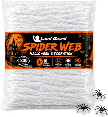 Land Guard 200 sqft Spider Web, Bonus with 10 Artificial Spiders, Fabric Spider Webbing, Cobweb Halloween Decor for Indoor and Outdoor Party Supplies