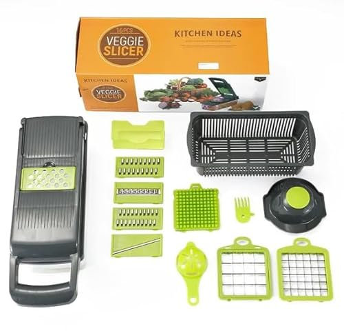 14 in 1 Vegetable Chopper, Mandoline Vegetable Slicer Multifunctional, Cutter with 6 Blades, Mitten, Cleaning Brush and Peeler, Food Chopper for Cutting Vegetables and Fruit