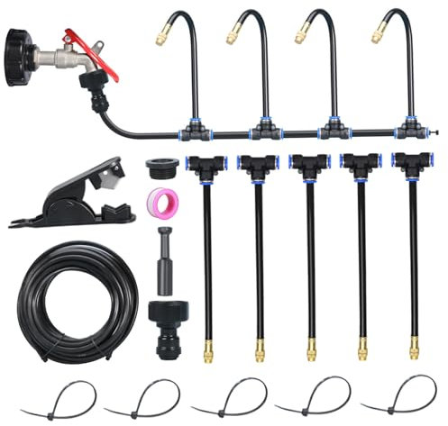 Sistema de riego por goteo ajustable de 360° para jardín con manguera de 4, 8 m y 5 boquillas. Kit de riego por goteo para invernaderos, jardines, plantas y césped.