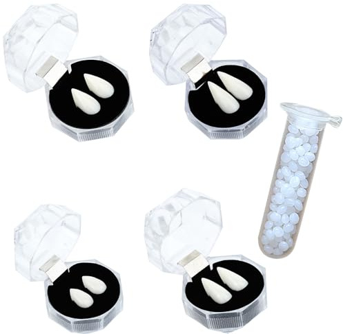 Kit de dent de Vampire,4 Paires de Dents de Vampire, Crocs de Dents de Vampire,Sharp Crocs de Loup-Garou,Dents Faux Dentiers,avec 1 Tube Adhésif de Granules de Dents,pour Fête Halloween