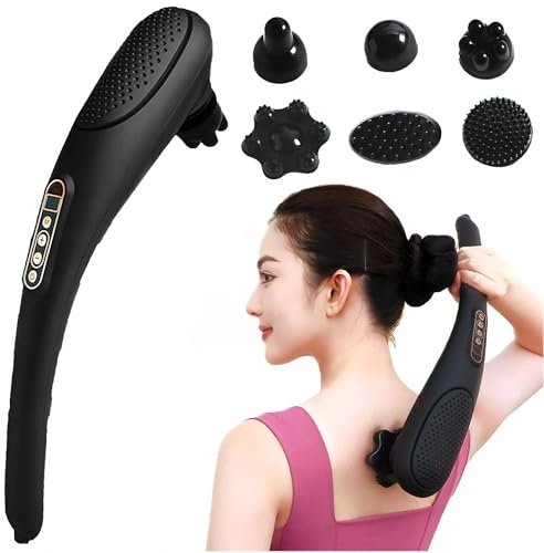UUE Massagegerät, Elektrischer Massagegerät - 15-Stufen Puls-Massage, 6 Wechselköpfe kabelloses Handmassagegerät, wiederaufladbar, am ganzen Körper einsetzbar, 48 ∗ 17,5 ∗ 10 cm