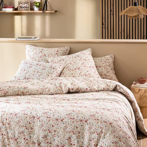 Terre de Nuit - Housse de Couette 240x220 Gaze de Coton à Fleurs Roses Terre de Nuit - Vieux Rose - Floral - 57 Fils/cm² - Base Droite