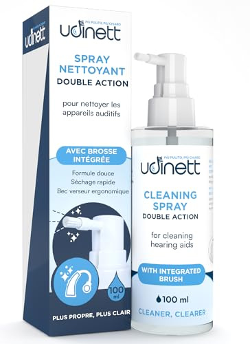 Hörgeräte-Reinigungsspray 100ml - Udinett Spray mit Bürste für Schmutz und Ohrenschmalz - Reinigung von Ohrhörern und Bluetooth-Kopfhörern - Sofortige Desinfektionswirkung - Alkoholfreie Formel