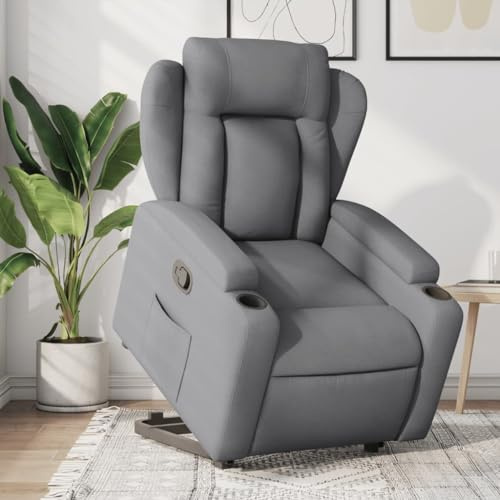 Massbinet Relaxsessel mit Aufstehhilfe Fernsehsessel mit Liegefunktion TV Sessel Wohnzimmer Schaukelstuhl mit Gepolsterte Kopfstütze und Seitentaschen Hellgrau Stoff