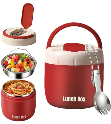 Vfrdsa Food Flask 1300ml - Vacuum Insulated Soup Flask | Leak Proof Hot Food Containers Stainless Steel Food Jar, Thermal Food Container for Kids & Adults, Ideal for School, Work & Travel (Red)