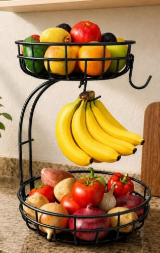 Sevenblue 2 Tier Large Fruit Basket for Kitchen Counter with Removable Banana Hanger - Sturdy Iron Fruit Bowl for Kitchen Counter and Vegetable Holder, Fruit Holder for Kitchen Countertop, Black