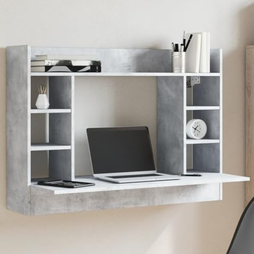 SKTQYQO Scrivania a Parete Grigio Cemento 105x48x75cm Legno Multistrato con 6 Scomparti e 1 Ripiano - Scrivania Multifunzionale Salvaspazio per Ufficio Moderno - Mobile
