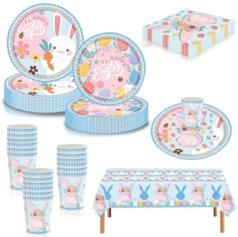69 Pcs Easter Party Tableware Set, Egg Bunny Disposable Plates and Napkins Paper Cups, Easter Plastic Tablecloth, Blue Table Decorations Set for Spring Home Party Supplies