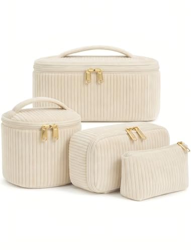 WELLTURN 4er Set Kosmetiktasche Damen Cord – Kulturtasche & Kulturbeutel Groß, Mittel, Klein & Mini – Make-up Tasche mit Griff für Reise & Alltag, Beige