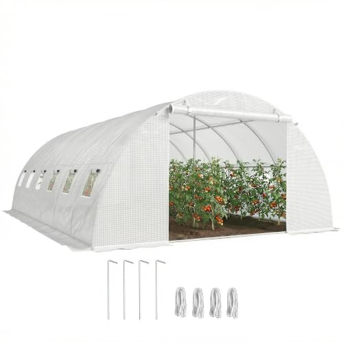 Outsunny Serra Esterna 6x4x2 m con 2 Barre di Supporto, Bianco | Serra tunnel, porte avvolgibili, finestre in rete, copertura PE, telaio in acciaio zincato, anti-UV, impermeabile