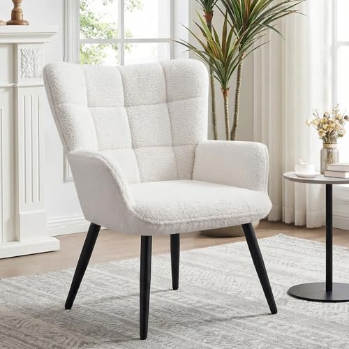Ckaff Ohrensessel Sessel Wohnzimmer, Skandinavischer Stil Ohrensessel aus Boucé, Schminktisch Stuhl Esszimmerstuhl, Loungesessel Polstersessel fürs Wohnzimmer Schlafzimmer, Weiß