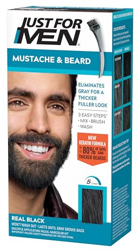 Just For Men Mustache & Beard multiple uses Beard Dye for Men with Brush Included, With Keratin Biotin Aloe and Coconut Oil for Healthy Facial Hair - Real Black, M-55, Pack of 1 (Packaging May Vary)