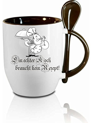 Tasse m. Löffel Ein echter Koch braucht kein Rezept  Löffeltasse, Kaffeetasse mit Motiv,Bürotasse, bedruckte Tasse mit Sprüchen oder Bildern - auch individuelle Gestaltung nach Kundenwunsch