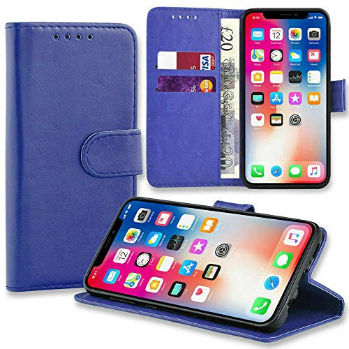 ASD Accessories iPhone 5-5S Wallet Flip Case - Leather Premium Folio Phone Cover [Kickstand] [Cash & Card Slots] [Magnetic Closure] Wireless Charging Compatible Real Leather For iPhone 5-5S (Blue)
