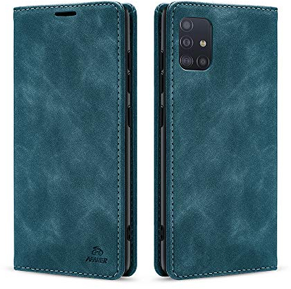 AFARER Handyhülle für Samsung Galaxy A71, mit Magnetverschluss klapphülle, Brieftasche Klappbar Ledertasche Leather Wallet case Stoßfest Schutz mit Kartenhalter,Klappständer Ständer - Blau