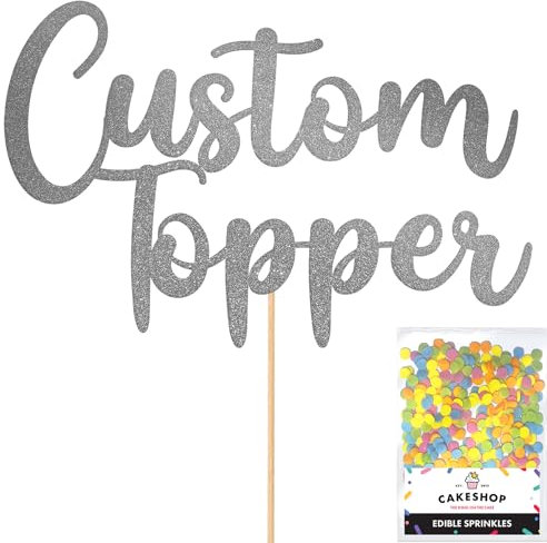 Any Text Personalised Glitter Cake Topper - Dark Silver Name, Age, Words Glitter Cake Decoration and Sprinkles - Happy Birthday Decorations - Personalised Toppers for Cakes by Cakeshop
