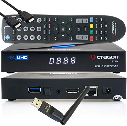 OCTAGON SX888 4K UHD IP H.265 HEVC Smart TV Set-Top Box - Sat to IP TV Receiver, Media Server, DLNA, YouTube, Web-Radio, App iOS & Android App, gratis EasyMouse HDMI-Kabel + 150 Mbit/s WLAN Adapter