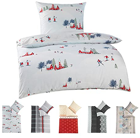 BaSaTex Feinbiber Winter Bettwäsche warme und kuschelige Bettgarnitur und Kissenbezug 155x220 + 80x80 cm | 100% Baumwolle | Alpin - Winterlandschaft - Weiß Rot Grün