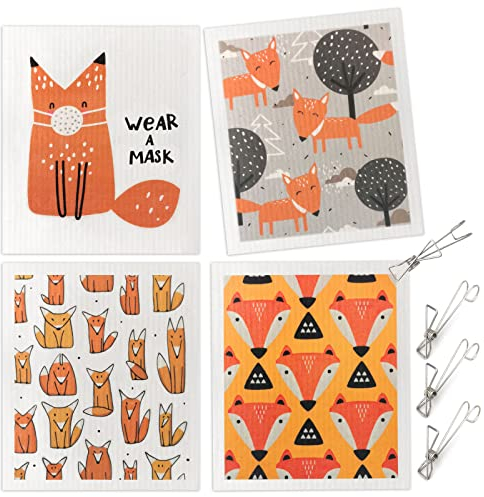 GONG GONG 4+4 Pcs Swedish Dishcloth for Kitchen Cellulose Sponge Cloths Eco-Friendly Cleaning Cloth Reusable Dish Cloth 6.7×7.87Inches (Fox)