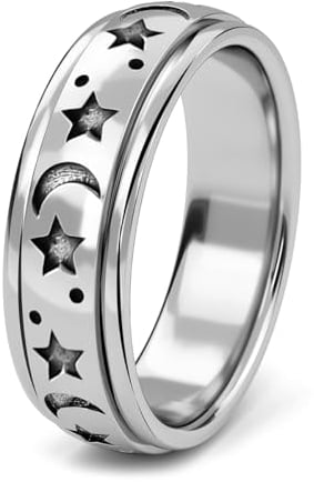 SHOP LC Anti-Stress-Drehring für Damen und Herren | Drehring aus 925er Sterlingsilber mit Mond- und Sternendesign | Zappel-Angstring | Geschenkring aus Silber, Gold und Roségold