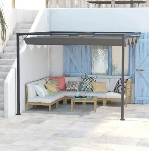 Wall Mounted Pergola Outdoor Shelter Retractable Lean To Grey Patio Gazebo Polyester Canopy 3x3m Waterproof Modern Awning Large Sun Shade Backyard Structure