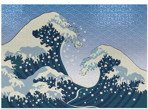 ABAKUHAUS Japanese Wave Jigsaw Puzzle, Far Eastern Painting Oceanic Storm Theme Tsunami Wind Water Art, Heirloom-Quality Fun Activity for Family Durable Cardboard, 1000 pcs, Teal Blue White