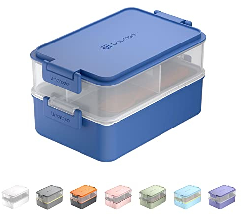 Linoroso Bento Lunch Box for Adults with 3 Compartments Lunchbox with Sauce Container and Utensils, Bento Boxes for Microwave and Dishwasher Plastic BPA-Free As Sandwich Snack Salad Box - Classic Blue