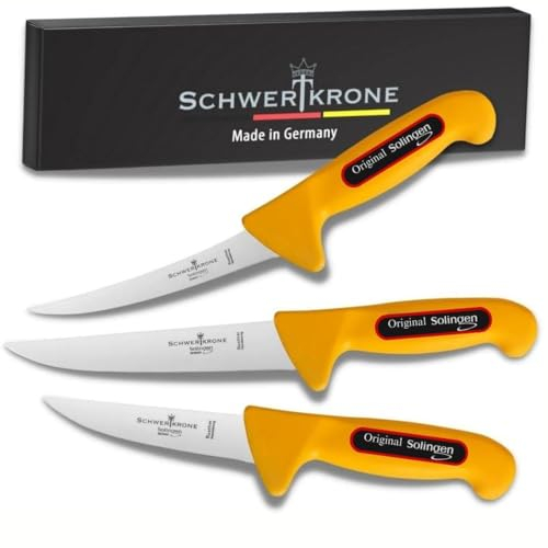 Schwertkrone Solingen Premium Metzgermesser Set, 3-teilig, professionelle Qualität, rostfreier Stahl, extra scharf, für Fleischbearbeitung und Küche
