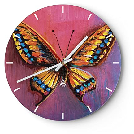 Modern Wanduhr Schmetterling bunt gemalt 40x40cm Rund Groß Wand Uhr Glas Analog Zimmeruhren Küche Büro Wohnzimmer Glasuhr Wall Clock Dekoration Design Wanddekoration Küchenuhr C3AR40x40-5012