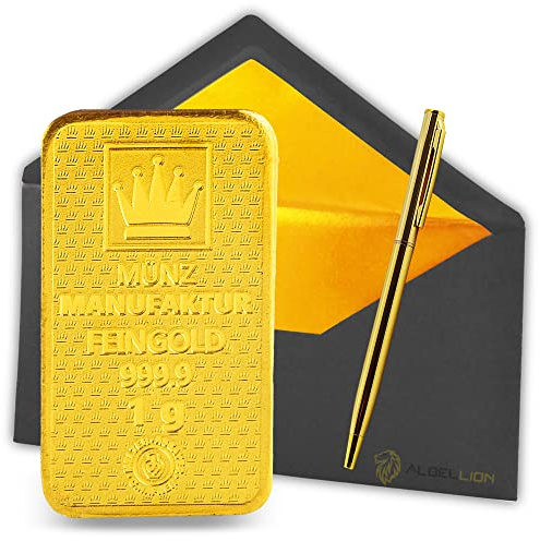 1g Gold-Barren Gold-Plättchen, 999.9 Feingold LBMA Zertifiziert, Echtheitsgarantie + Albellion® Kugelschreiber gratis