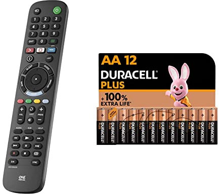 One For All Sony TV Replacement remote – Works with ALL Sony TVs – Learning feature -URC4912 & Duracell Plus AA Alkaline Batteries [Pack of 12], 1,5V LR6 MN1500