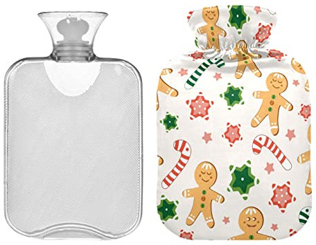 Funny Christmas Gingerbread Man Hot Water Bottle with Cover, 1L Winter Warm Transparent Hot Water Bag Portable Hot Water Bottles for Menstrual Cramps, Neck and Shoulder Pain Relief
