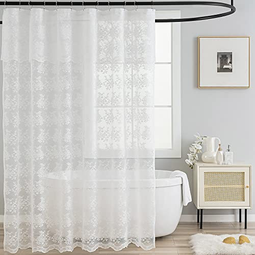 TUDECO Rideau de douche en dentelle blanche avec cantonnière - Style shabby chic - Motif floral - Pour salle de bain - Style vintage festonné - 183 x 183 cm - 1 panneau