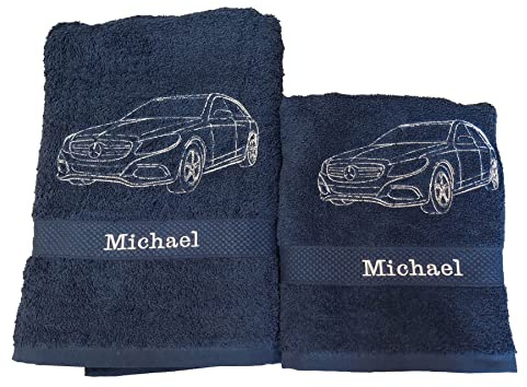 Handtuch Duschtuch, SET Geschenk Mercedes Baumwolle bestickt, personalisiert NEU (blau)