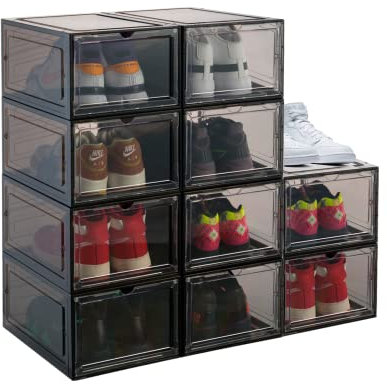 PAIDE P Schuhboxen organizer 10er Pack. Transparent Schuhaufbewahrung für Sneakers und Turnschuhe. Schuhe Schrank für die Aufbewahrung. Schuhschubladen. Sneaker-Austeller. (Schwarz)