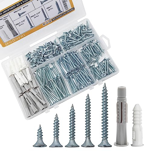 JEGONFRI Kit assortito di viti per legno ad alta durezza e tasselli da parete in plastica, 203 viti a testa piatta Phillips da 1/2 a 1-1/2 e 30 tasselli M6 per cartongesso