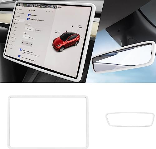 Yeapop 2Pcs Silicone Protector Frames of Screen and Rear View Mirror for Tesla Model 3 2017-2023 and Model Y 2019-Feb.2025. (White)