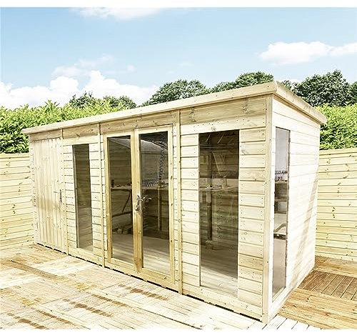 11 x 9 COMBI Pressure Treated Tongue & Groove Pent Summerhouse with Side Shed + Lock & Key (11' x 9') / (11ft x 9ft) (11x9)