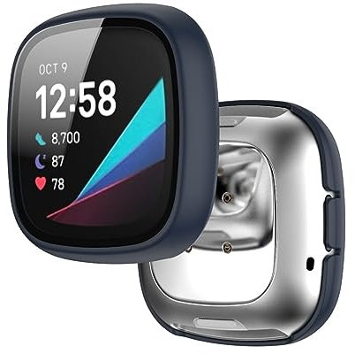 Hülle mit Glas Displayschutz Kompatibel mit Fitbit Versa 3 Smartwatch - Hart PC Schutzhülle Vollschutz Kratzfest Display Schutzfolie Ultradünne Schutz Case für Fitbit Versa 3 (Blau)