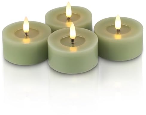 Rhytsing Set of 4 Olive Green Flamless LED Votive Candles with Reflective Wax Oil Surface for Spring and Summer, Wax Battery Operated Jumbo Tealights with Timer for Christmas Wreath - D7cm x H 3cm