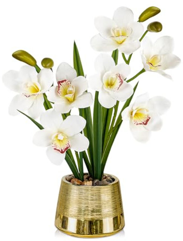 Oairse White Orchids Artificial Flowers Faux Silk Cymbidium Orchids in Gold Pot Fake White Orchid Flower Arrangements Orchid Centerpiece Faux Orchid Plant for Dining Room Table Decoration