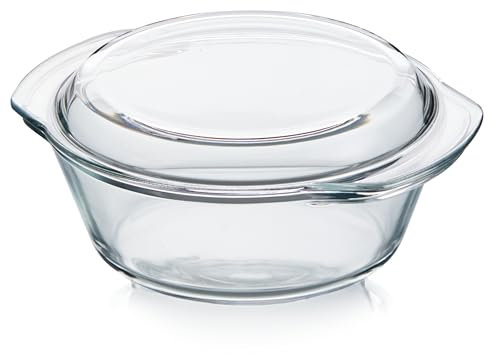 KHG Auflaufformen aus Glas mit Deckel 1 Liter Rund für kalte & warme Speisen, spülmaschinenfest, mikrowellengeeignet, Glasbräter Glasform Backform, 21x9x18 cm