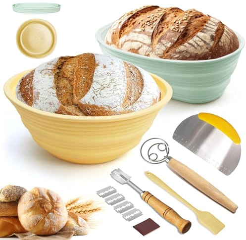 Gärkorb Gärkörbchen für Brotbacken, Verbesserte 22cm Runde & 26cm Oval Silikon Banneton Brotgärkörbe, Sauerteig-Starter-Set, Bäckermesser, Dänischer Schneebesen, Teigschaber und Bratpinsel