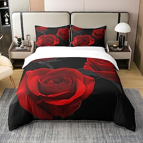 Homemissing Roses 100% Coton Housse de Couette 200x200cm 1 Fleur Rose Literie Fleurs Parure de lit Romantique Rouge Literie Set