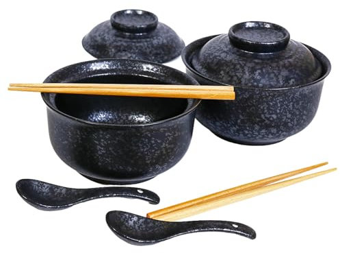 Ceramic Ramen Bowl Set 800ml with Lid, Spoon and Chopsticks, Japanese Vintage Large Soup Bowl Instant Noodle Bowl Asian Tableware (Black*2)