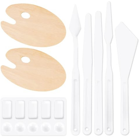 Paleta de 2 piezas, 5 raspadores de pintura al óleo, paleta de madera, bandeja de color, bandeja de madera ovalada, paleta con agujeros para el pulgar, herramientas de pintura para artistas