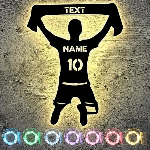 LEON FOLIEN Fußball Fan Led personalisiert mit Wunsch Text + Namen + Nummer aus MDF-Holz Fussball Geschenke für Jungs Männer Mädchen Schlummerlicht Nachtlicht Wand Deko