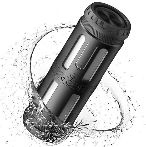 Multifunctional Waterproof Outdoor Portable Bluetooth Speaker with Flashlight, FM Radio, LED Lamp, Built-in Microphone, Wireless, 15H Playtime, Black