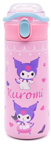 Kuromi Tazas Térmicas, Termo de Dibujos Animados Taza Termo Portátil para Niños Botella Termo a Prueba de Fugas con Pajita Vacío de Acero Inoxidable Tazas de Café Reutilizables 500ml